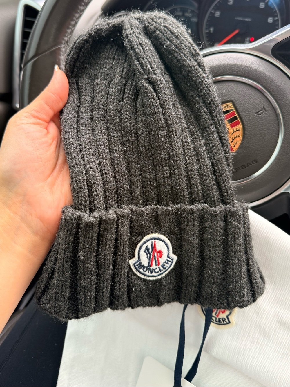 Moncler WOOL Ribbed Knit Beanie Hat Gray Used No Pom Pom w/ Dust Bag & Tags - Picture 2 of 12